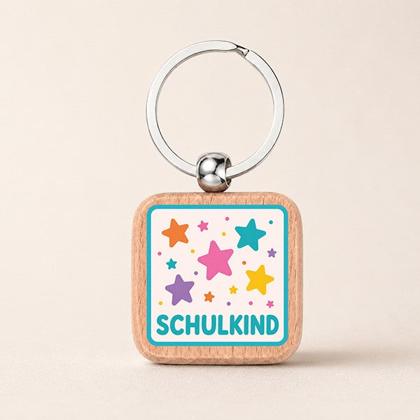 Holz Schlüsselanhänger, Motiv "Schulkind Sterne", UV-Druck, viereckig, 39,5 x 39,5 mm, Schlüsselring 32 mm