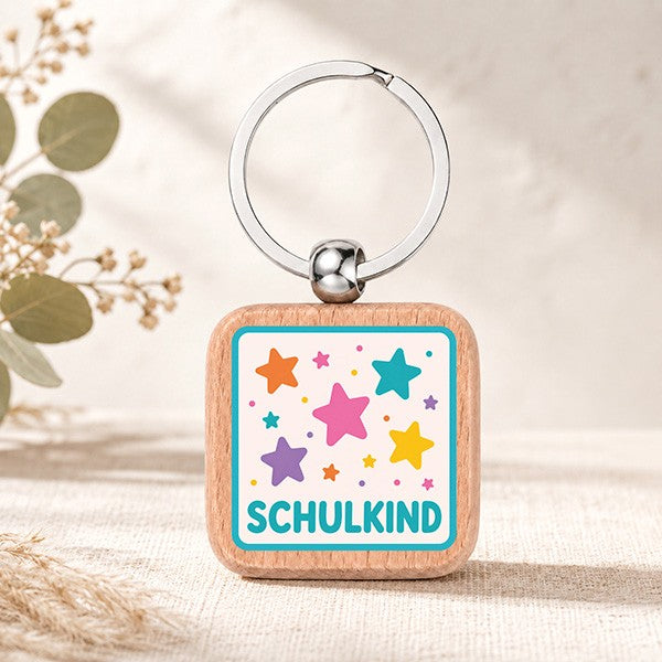 Holz Schlüsselanhänger, Motiv "Schulkind Sterne", UV-Druck, viereckig, 39,5 x 39,5 mm, Schlüsselring 32 mm