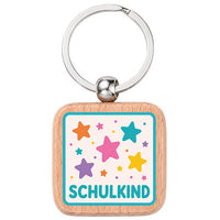 Holz Schlüsselanhänger, Motiv "Schulkind Sterne", UV-Druck, viereckig, 39,5 x 39,5 mm, Schlüsselring 32 mm