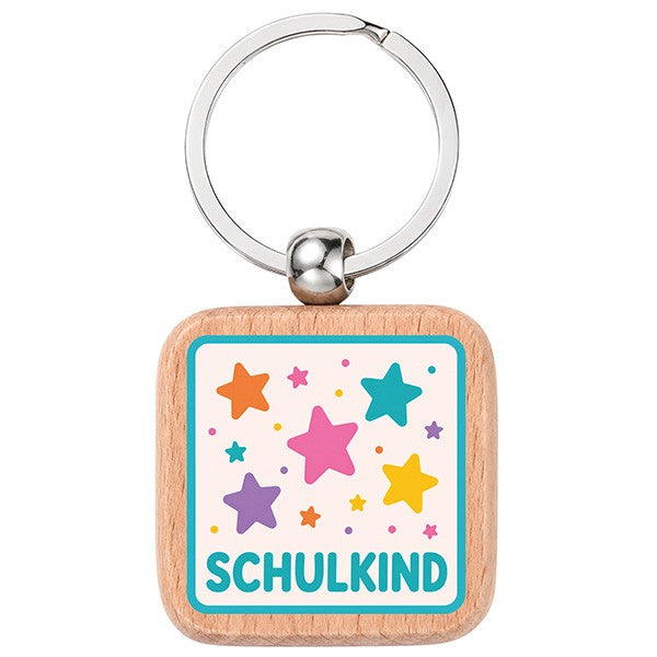 Holz Schlüsselanhänger, Motiv "Schulkind Sterne", UV-Druck, viereckig, 39,5 x 39,5 mm, Schlüsselring 32 mm