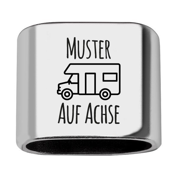 Personalisierbares Zwischenstück "Auf Achse" + Text mit Wohnmobil für Segeltau Schlüsselanhänger, versilbert (10 mm Segeltau)