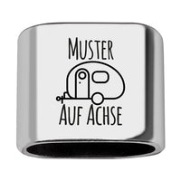 Personalisierbares Zwischenstück "Auf Achse" + Text mit Wohwagen für Segeltau Schlüsselanhänger, versilbert (10 mm Segeltau)