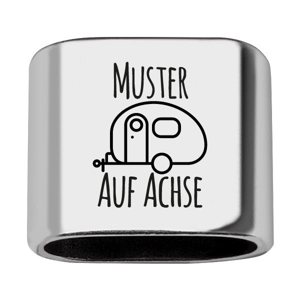 Personalisierbares Zwischenstück "Auf Achse" + Text mit Wohwagen für Segeltau Schlüsselanhänger, versilbert (10 mm Segeltau)