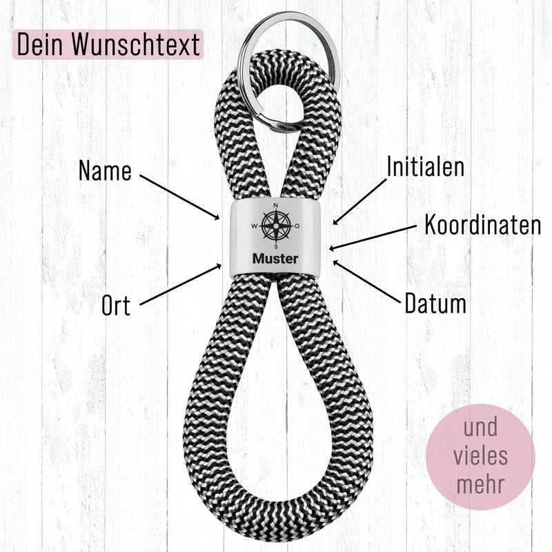 Personalisierter Schlüsselanhänger Segeltau | Kompassrose  + Wunschtext |Ideen für Personalisierung
