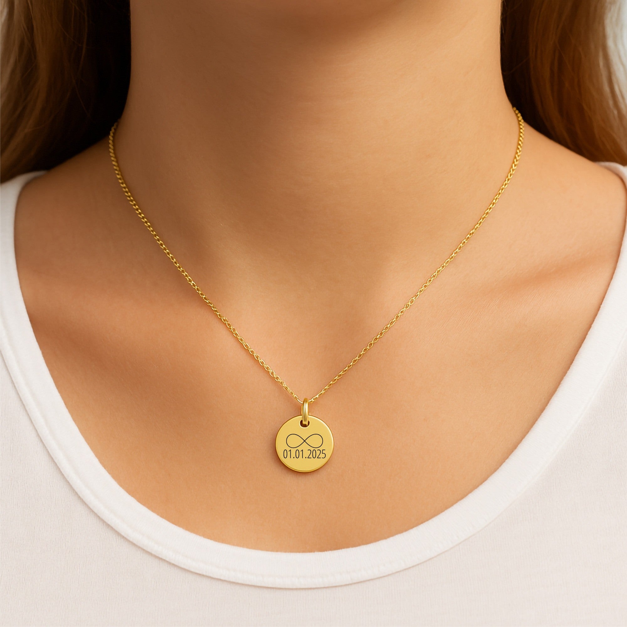 Vergoldete Infinity Halskette Gravur | Edelstahl | Personalisiert | Wunschtext | Datum | Geschenk Liebe | Freundschaft | Jahrestag