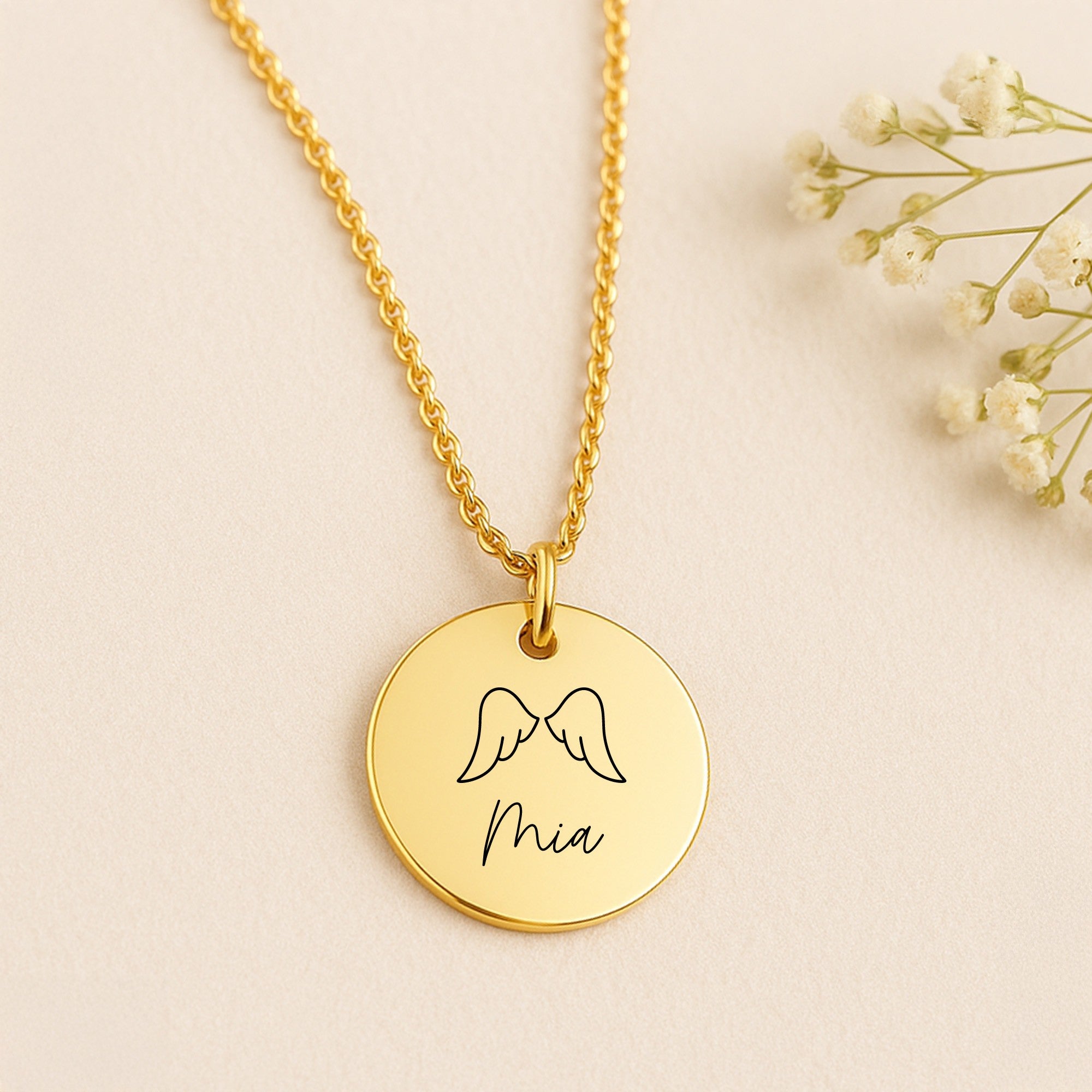Halskette mit Engelsflügel & Gravur |  vergoldet | Schutzengel Kette | Geschenk Erinnerung | Name Datum Initialen | Kette graviert