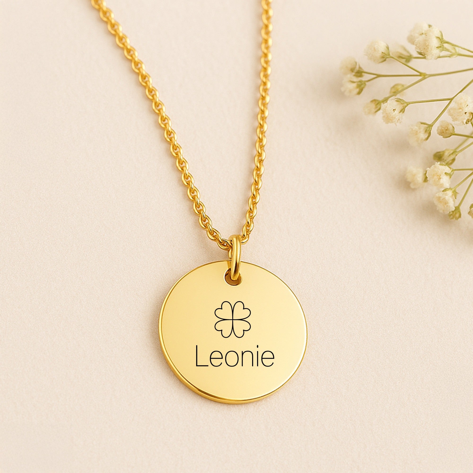 Personalisierte Halskette mit Gravur – Glücksklee & Wunschtext | 18K vergoldet | Glücksbringer Kette | Geschenk zur Prüfung | Mutmacher