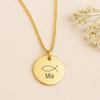 Halskette mit Gravur | Fischsymbol & Wunschtext | vergoldet | Geschenk Taufe, Kommunion, Konfirmation | Christlicher Schmuck personalisiert