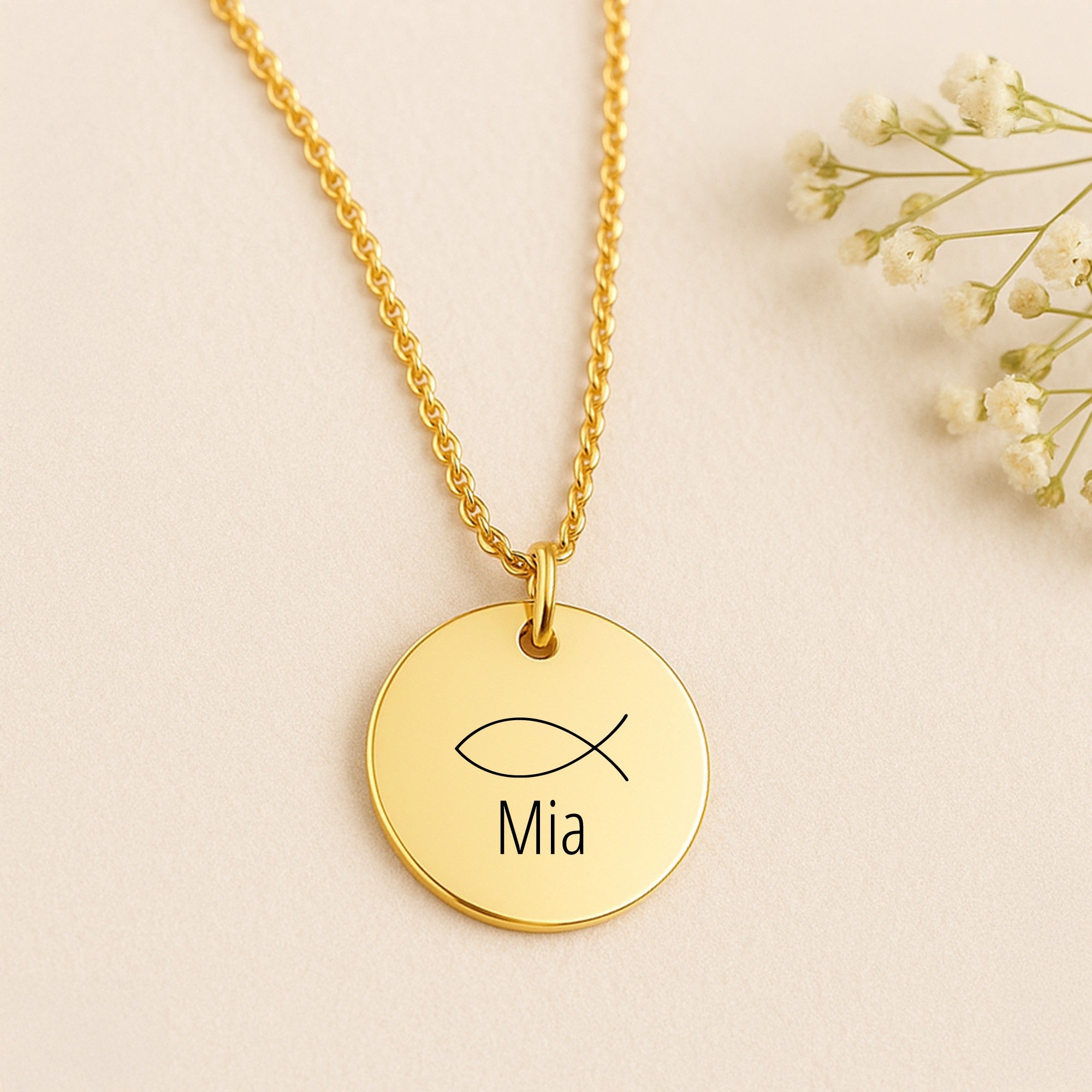 Halskette mit Gravur | Fischsymbol & Wunschtext | vergoldet | Geschenk Taufe, Kommunion, Konfirmation | Christlicher Schmuck personalisiert