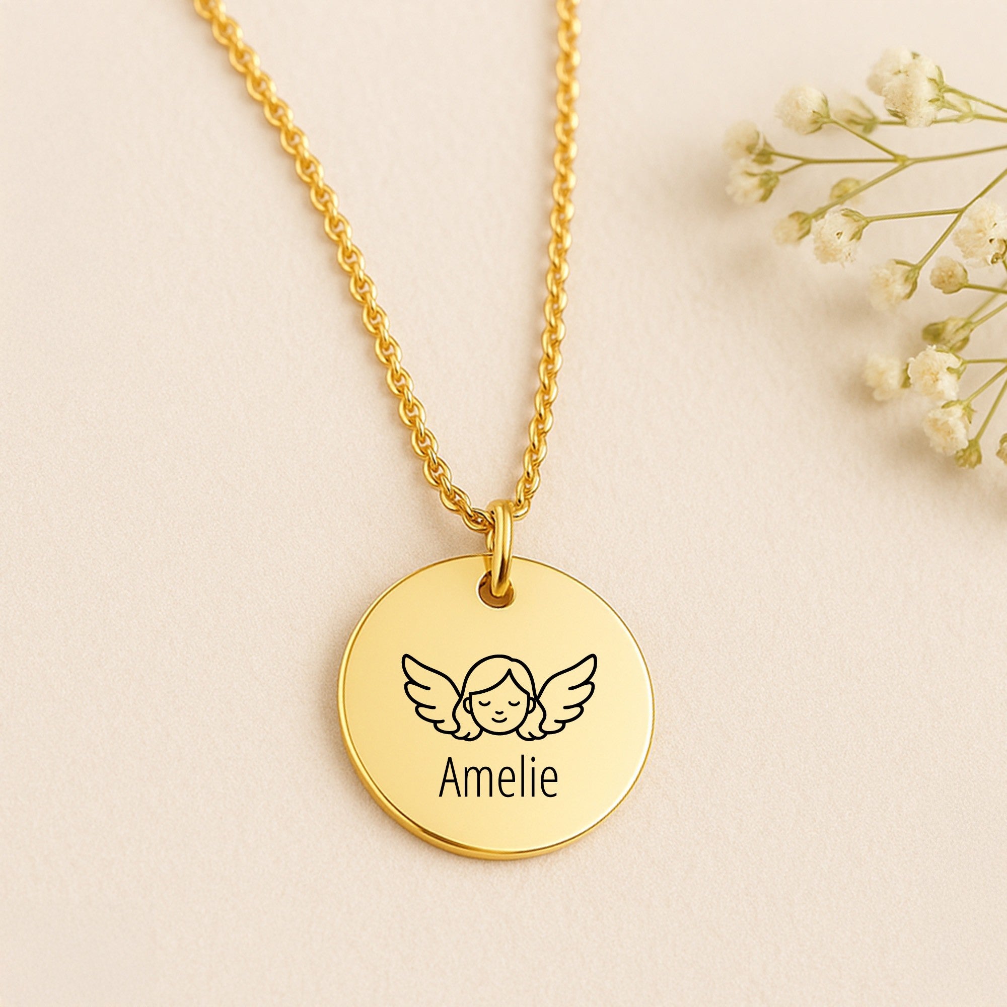 Halskette mit Gravur | Schutzengel & Wunschtext |  vergoldet | Geschenk zur Taufe, Kommunion, Konfirmation | Engel Kette personalisiert