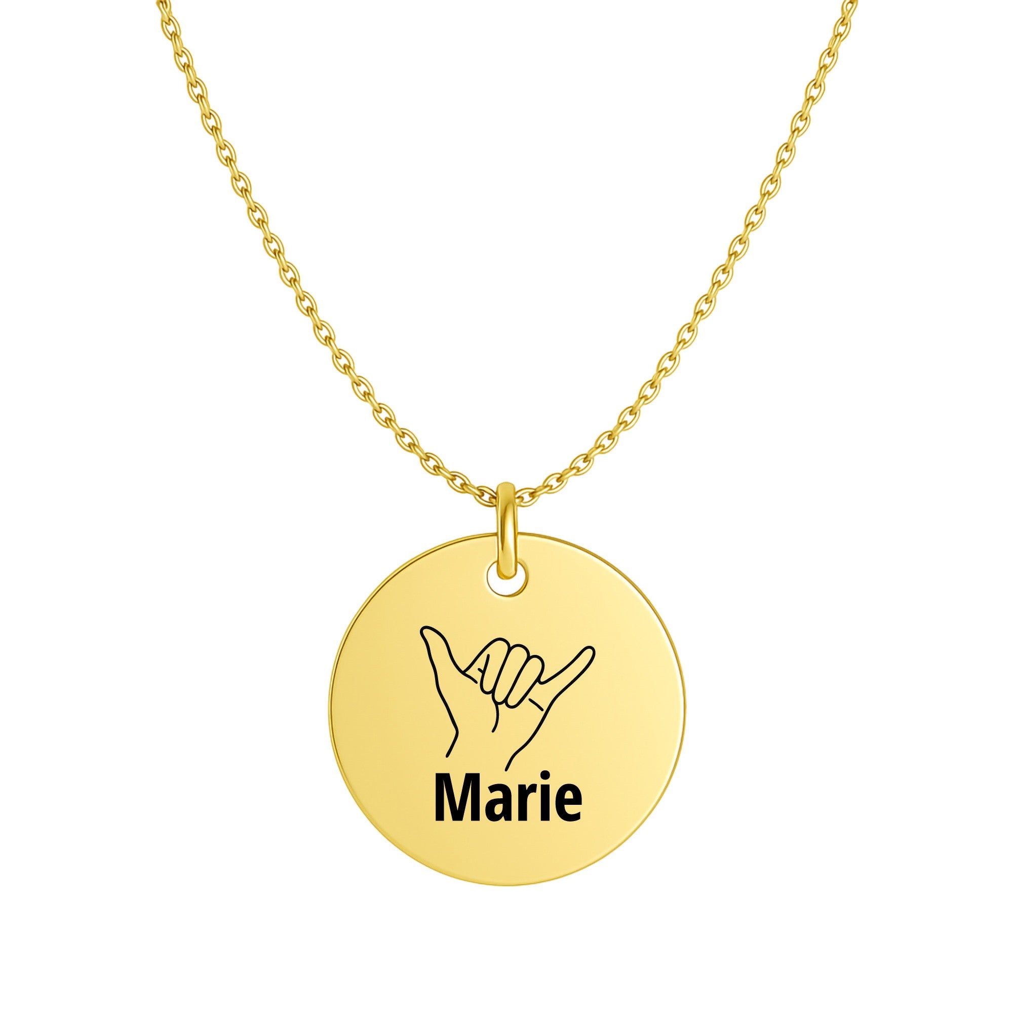 Schaka Gravur Kette vergoldet | Edelstahl Halskette mit Handzeichen & Wunschtext | Symbol für Aloha, Freundschaft und Sommer-Vibes