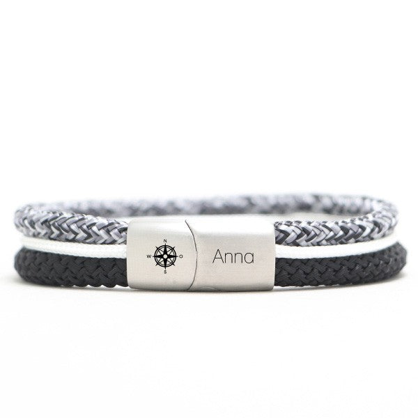 Personalisierter Edelstahl Magnetverschluss mit Gravur | Motiv & Name | für 5 mm Segeltau | Kompassrose