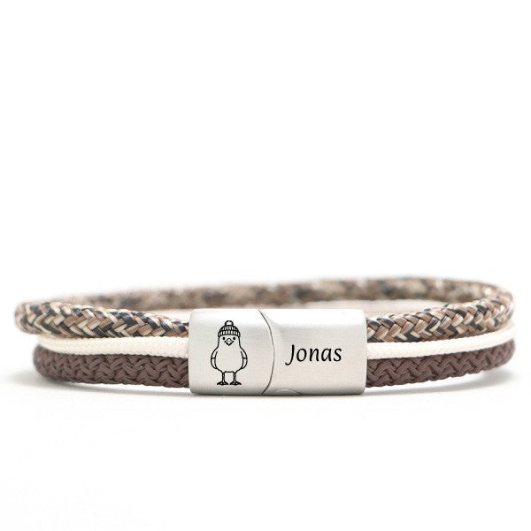 Personalisierter Edelstahl Magnetverschluss mit Gravur | Motiv & Name | für 5 mm Segeltau | Möwe mit Mütze
