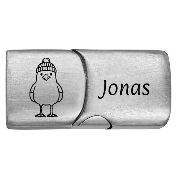 Personalisierter Edelstahl Magnetverschluss mit Gravur | Motiv & Name | für 5 mm Segeltau | Möwe mit Mütze