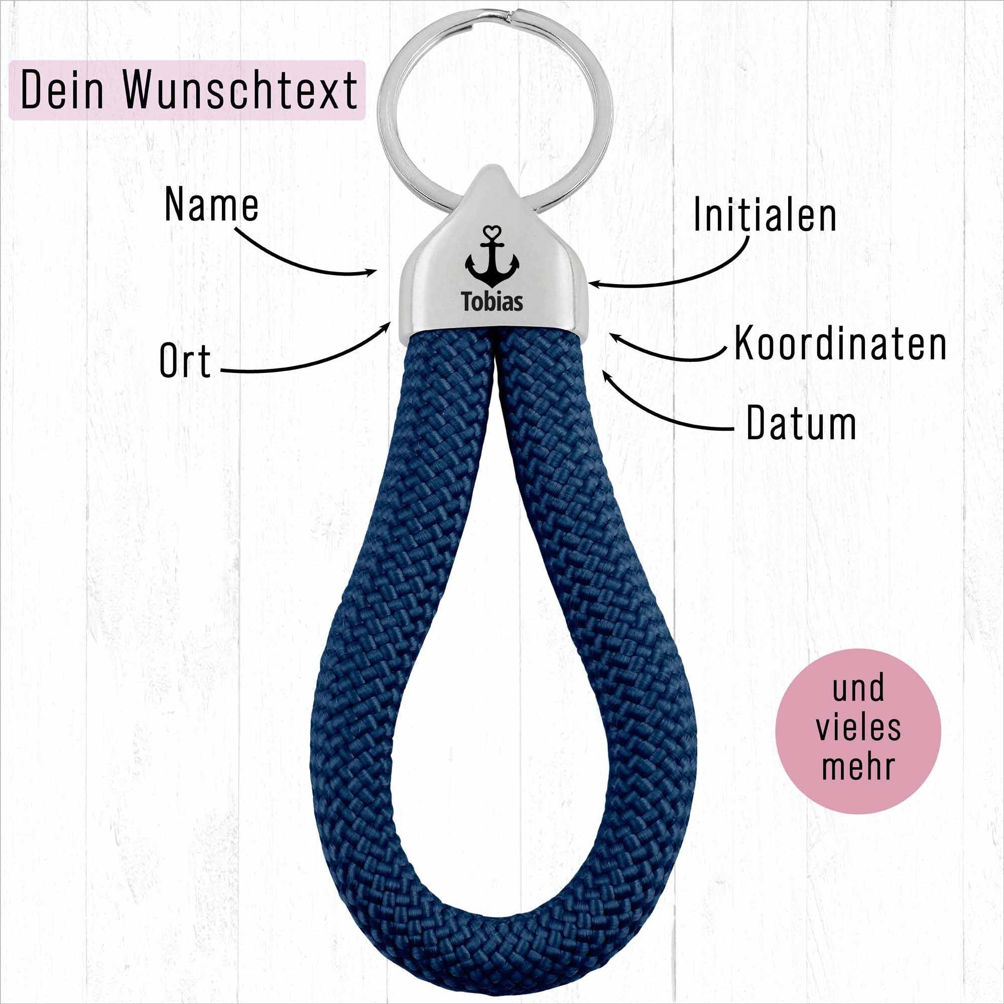 Personalisierter Schlüsselanhänger Segeltau | Gravur Anker + Wunschtext | Endkappe | Maritimes Geschenk Ostsee Nordsee Sylt | Männergeschenk
