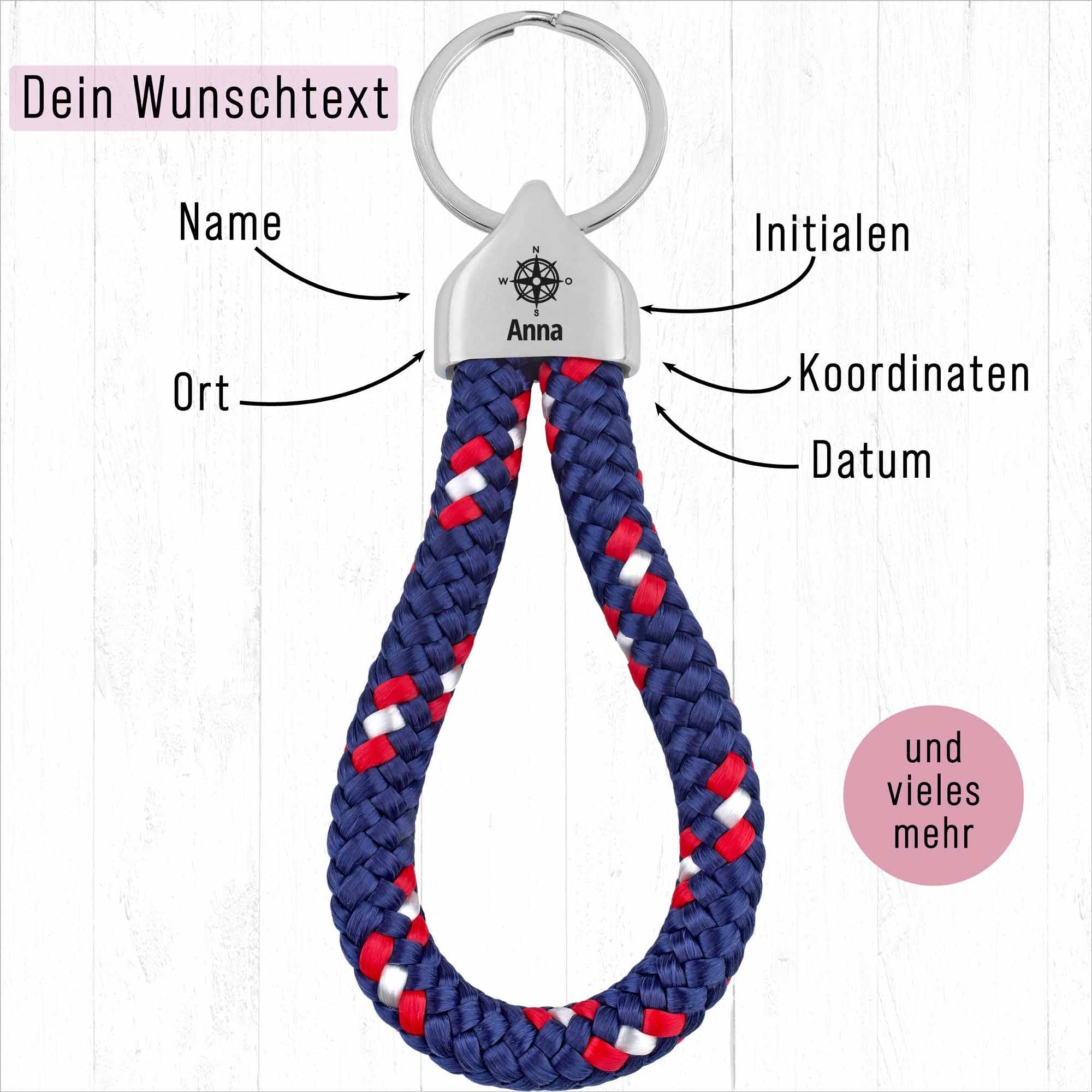 Personalisierter Schlüsselanhänger Segeltau |Gravur Kompassrose + Wunschtext | Endkappe | Maritim | Männergeschenk | Segeln | Koordinaten