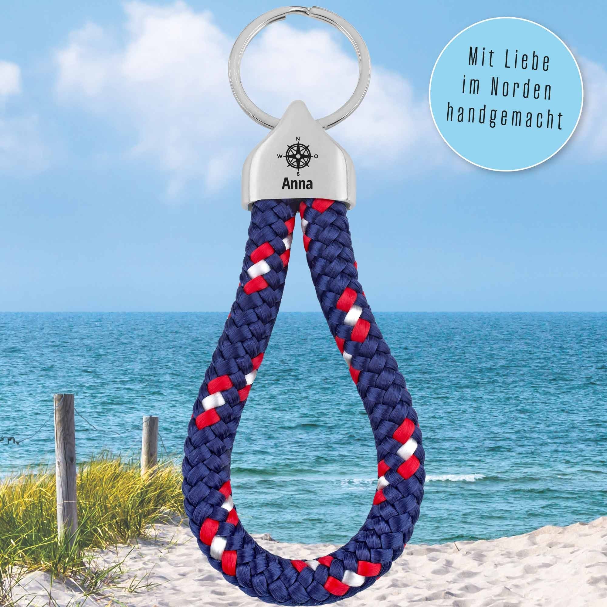 Personalisierter Schlüsselanhänger Segeltau |Gravur Kompassrose + Wunschtext | Endkappe | Maritim | Männergeschenk | Segeln | Koordinaten