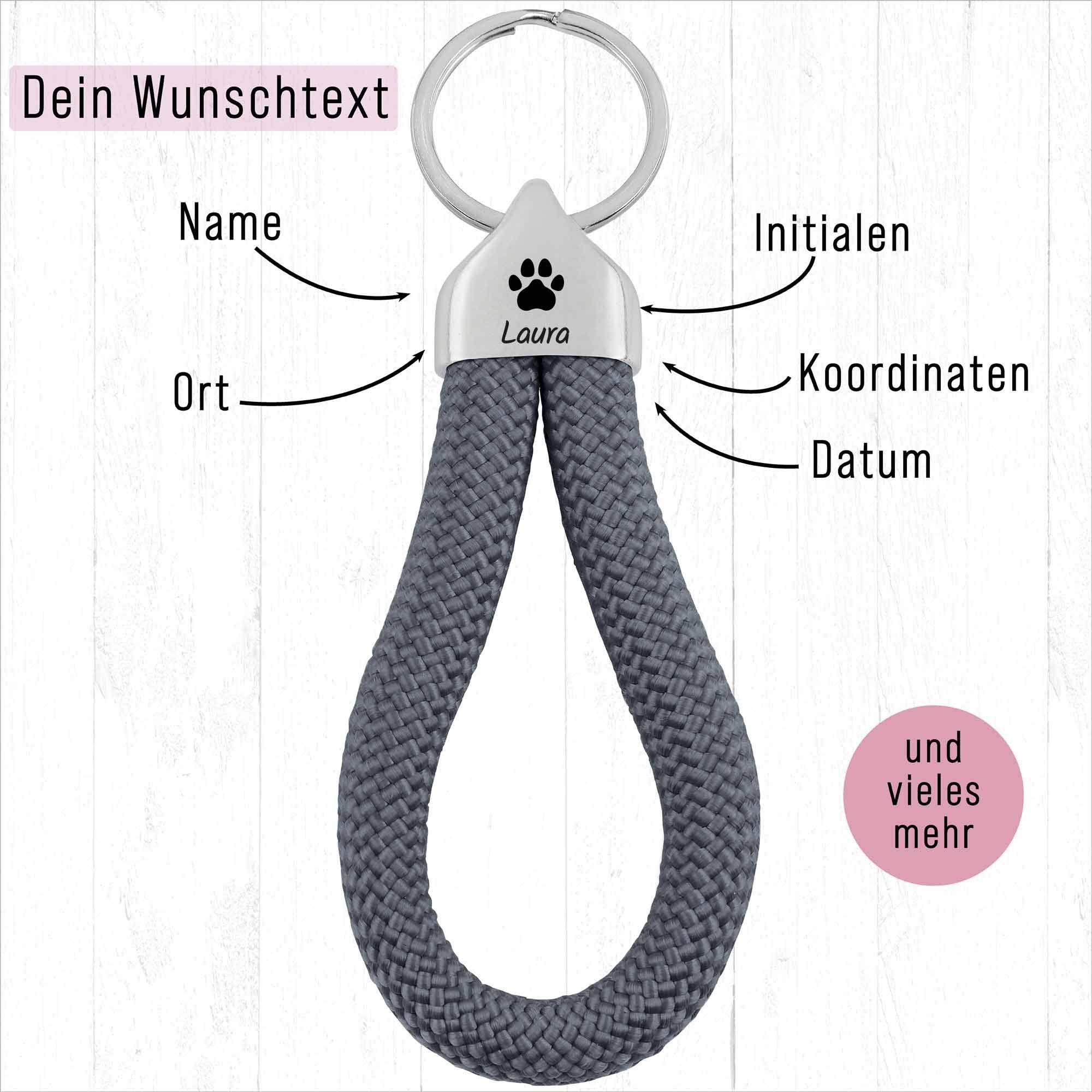 Personalisierter Schlüsselanhänger Segeltau | Gravur Pfote + Wunschtext | Endkappe | Hunde | Geschenk Freundin | Name | Tierliebhaber