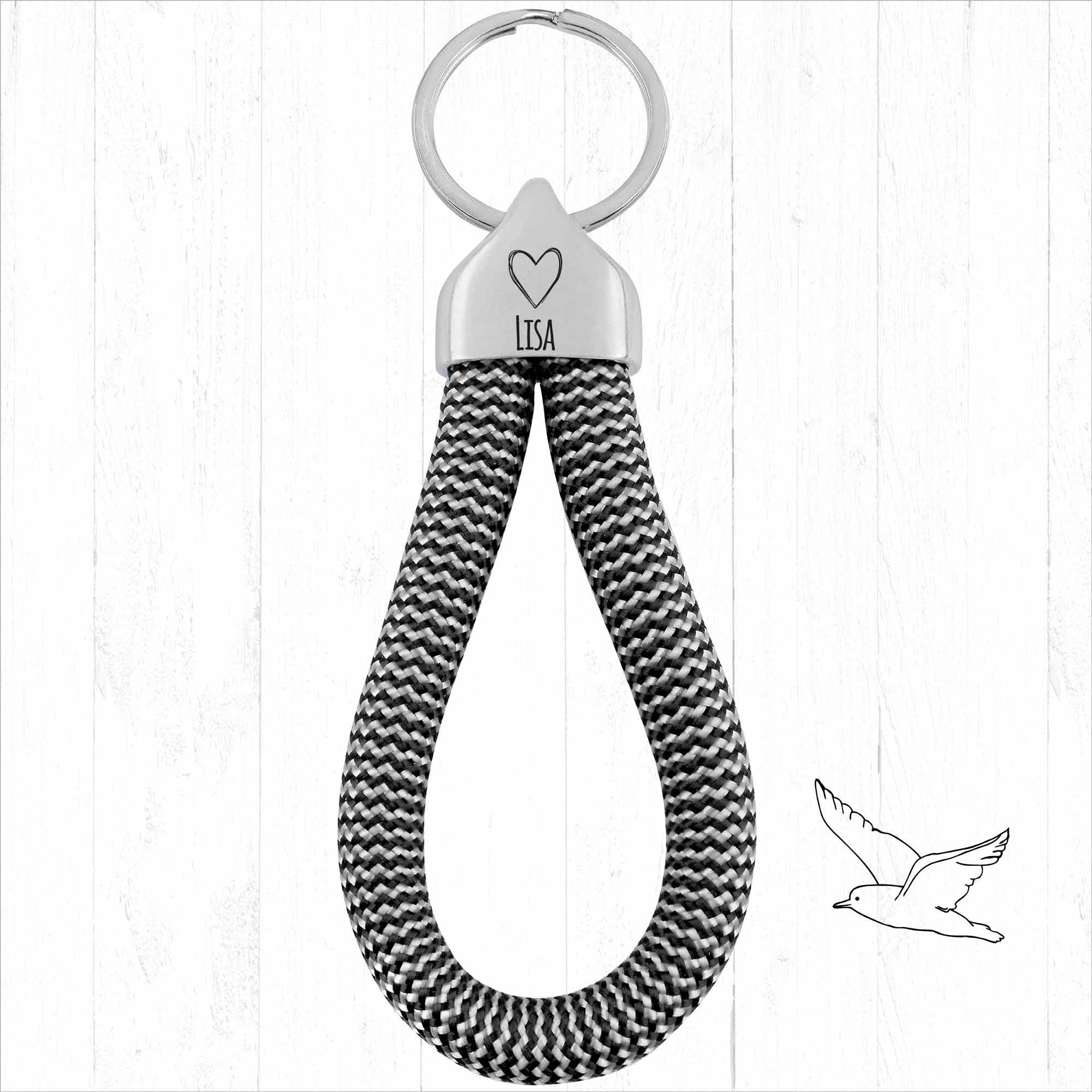 Personalisierter Schlüsselanhänger Segeltau | Gravur Herz + Wunschtext | Endkappe | Liebe | Geschenk Valentinstag | Hochzeit | Datum