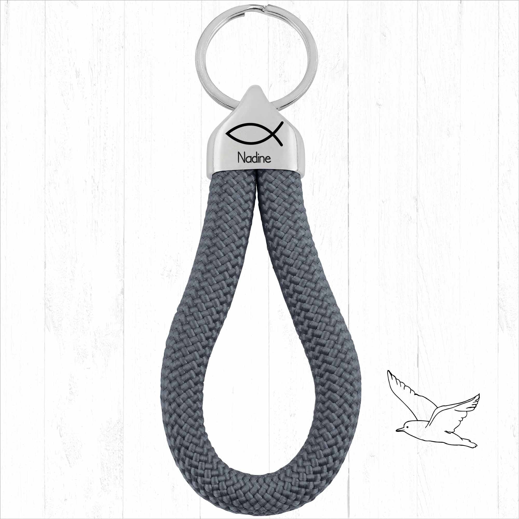 Personalisierter Schlüsselanhänger Segeltau | Gravur Fisch + Wunschtext | Geschenk Kommunion | Konfirmation | Endkappe | Taufe | Name