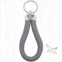 Personalisierter Schlüsselanhänger Segeltau | Gravur Fisch + Wunschtext | Geschenk Kommunion | Konfirmation | Endkappe | Taufe | Name