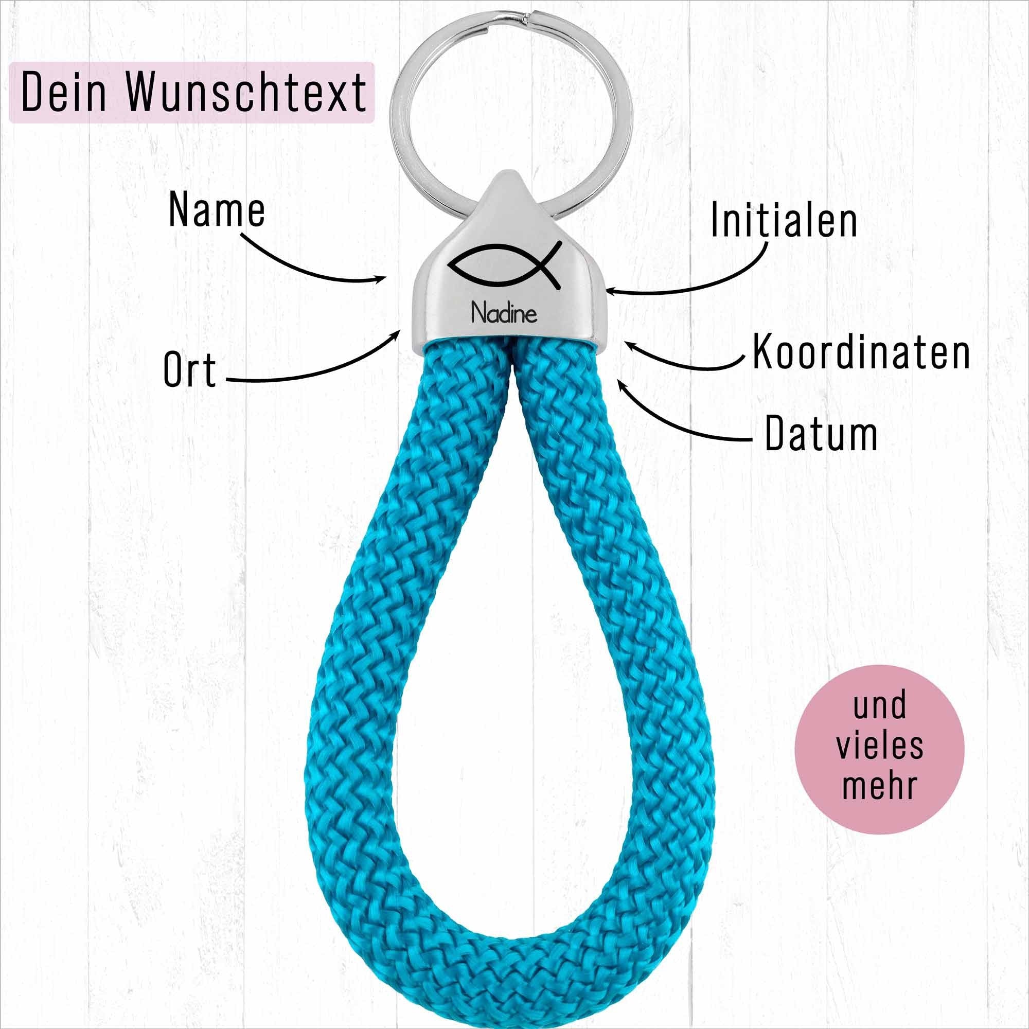 Personalisierter Schlüsselanhänger Segeltau | Gravur Fisch + Wunschtext | Geschenk Kommunion | Konfirmation | Endkappe | Taufe | Name