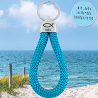 Personalisierter Schlüsselanhänger Segeltau | Gravur Fisch + Wunschtext | Geschenk Kommunion | Konfirmation | Endkappe | Taufe | Name