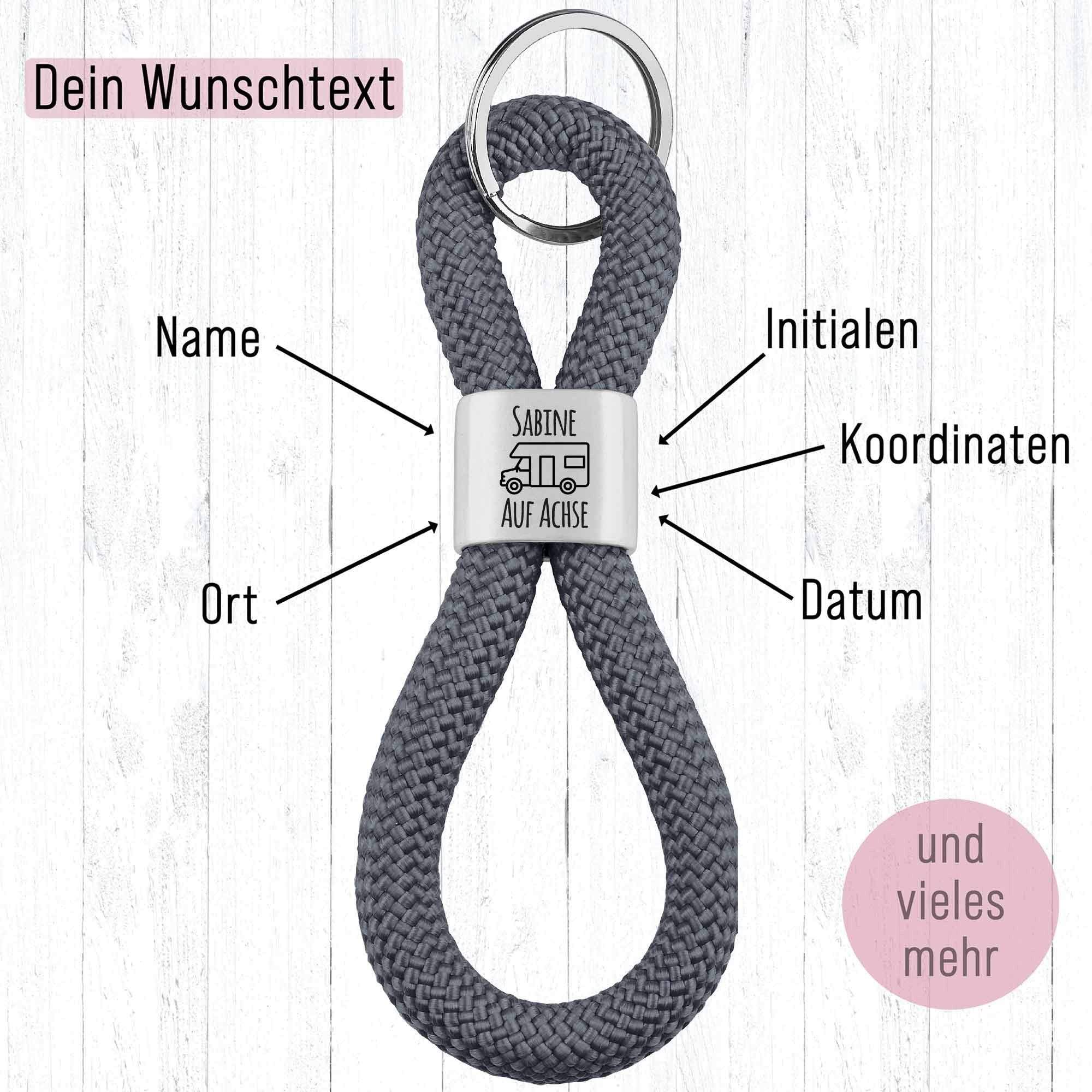 Personalisierter Schlüsselanhänger Segeltau | Gravur Auf Achse +  Wunschtext | Wohnmobil |Camper Geschenk| Reise | Rente | Campingliebe