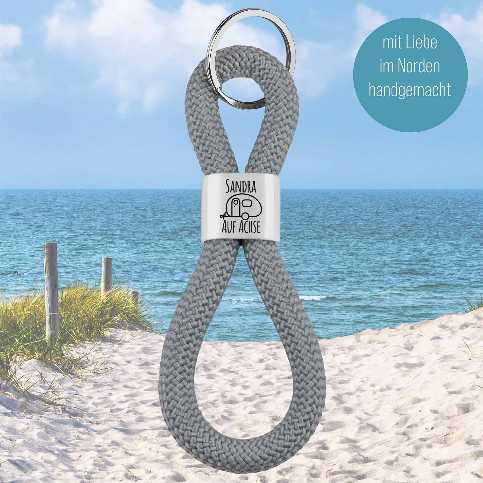 Personalisierter Schlüsselanhänger Segeltau | Gravur Auf Achse & Wohnwagen  + Wunschtext | Camping Geschenk | Reise Erinnerung | Urlaub