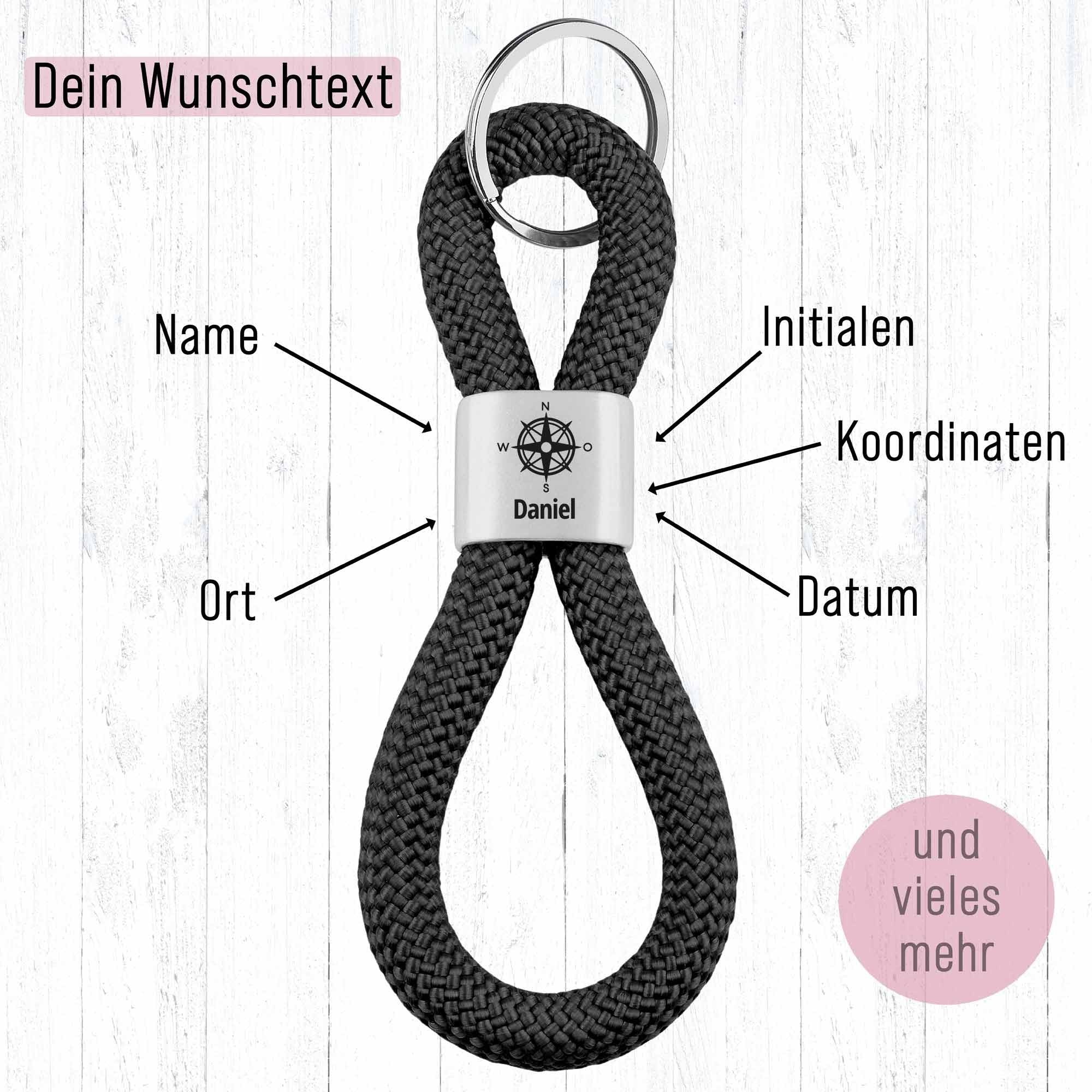 Personalisierter Schlüsselanhänger Segeltau | Gravur Kompassrose + Wunschtext | Geschenk Männer | Reise | Koordinaten | Abenteuer