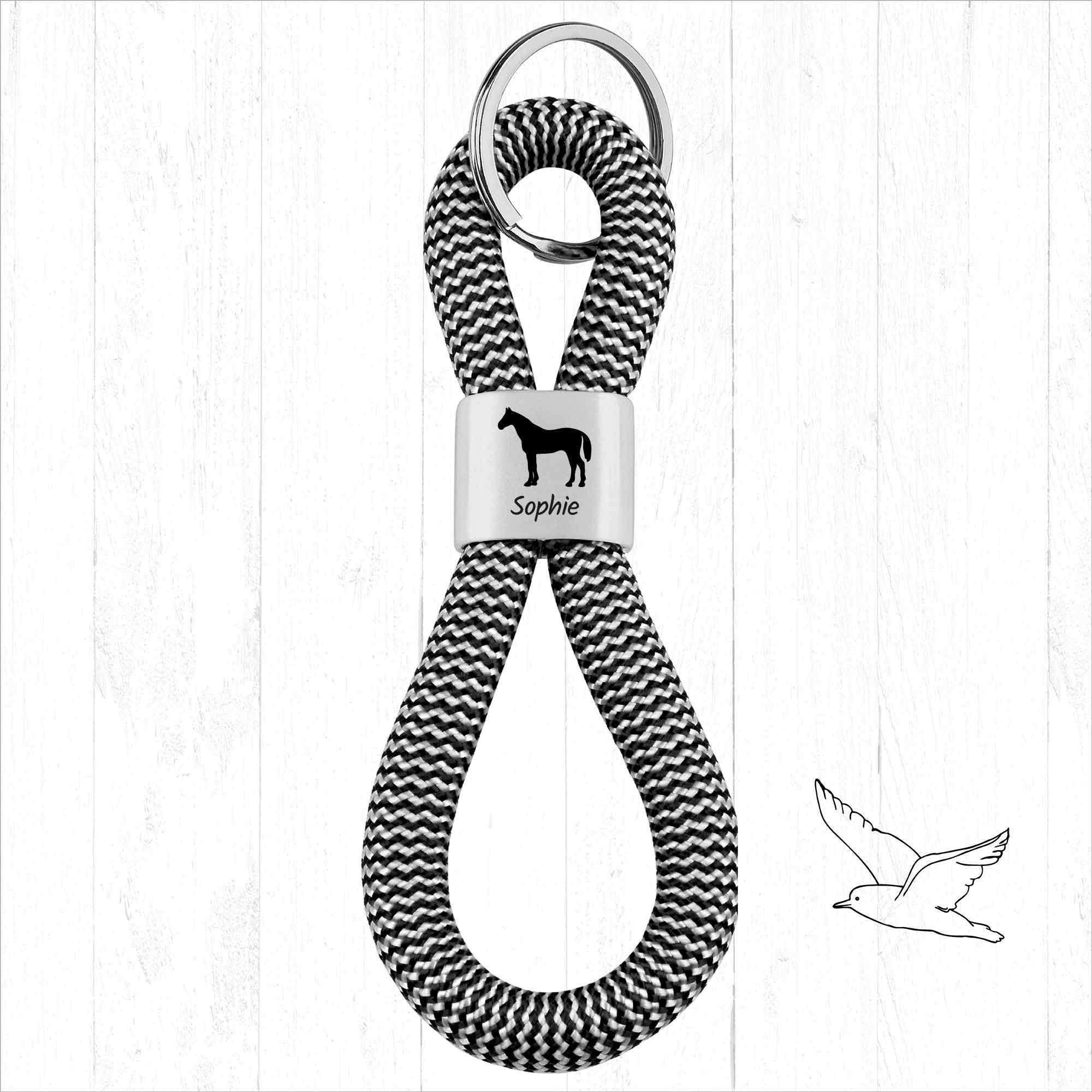 Personalisierter Schlüsselanhänger Segeltau | Gravur Pferd + Wunschtext | Geschenk Mädchen | Name | Pony | Reiten | Tiername