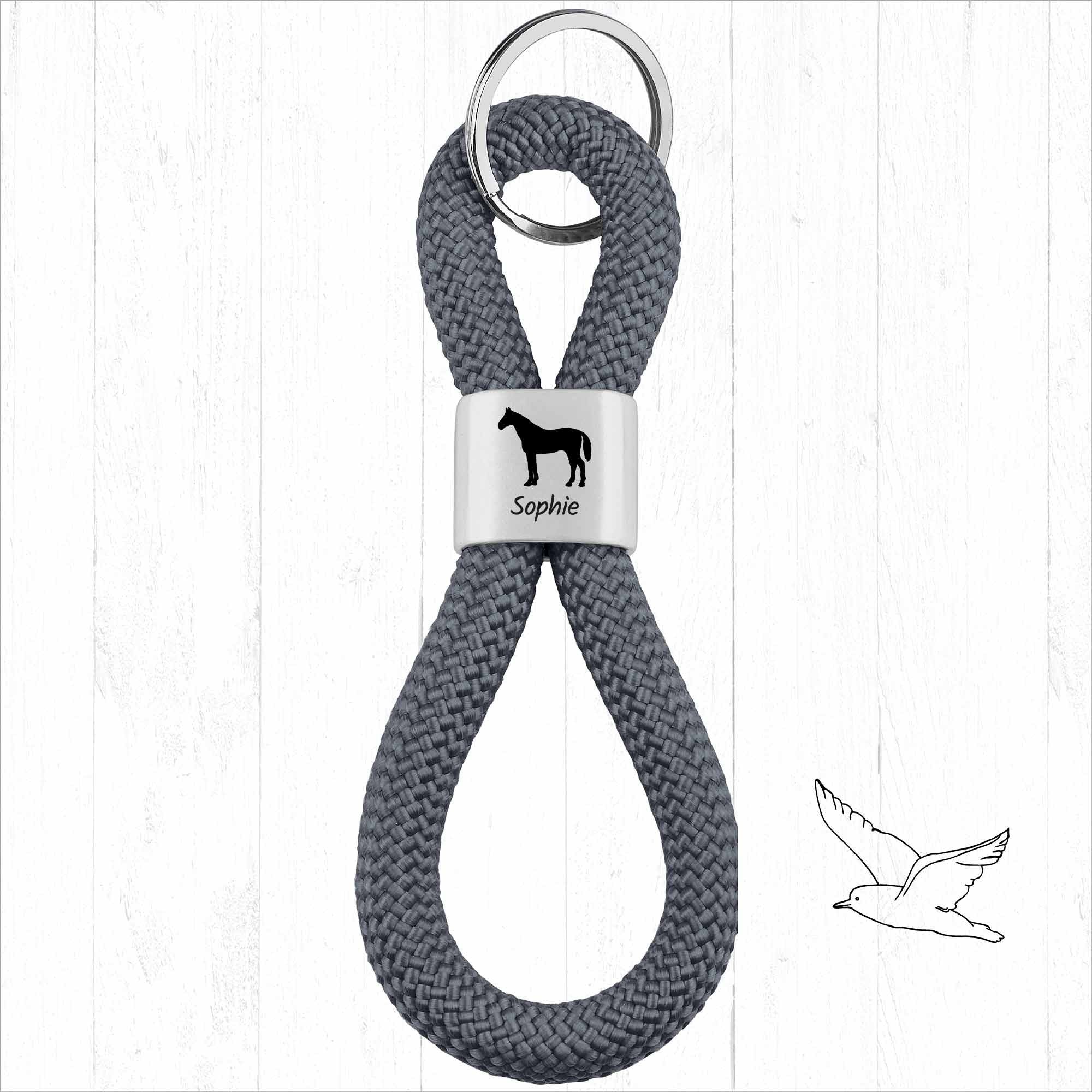 Personalisierter Schlüsselanhänger Segeltau | Gravur Pferd + Wunschtext | Geschenk Mädchen | Name | Pony | Reiten | Tiername