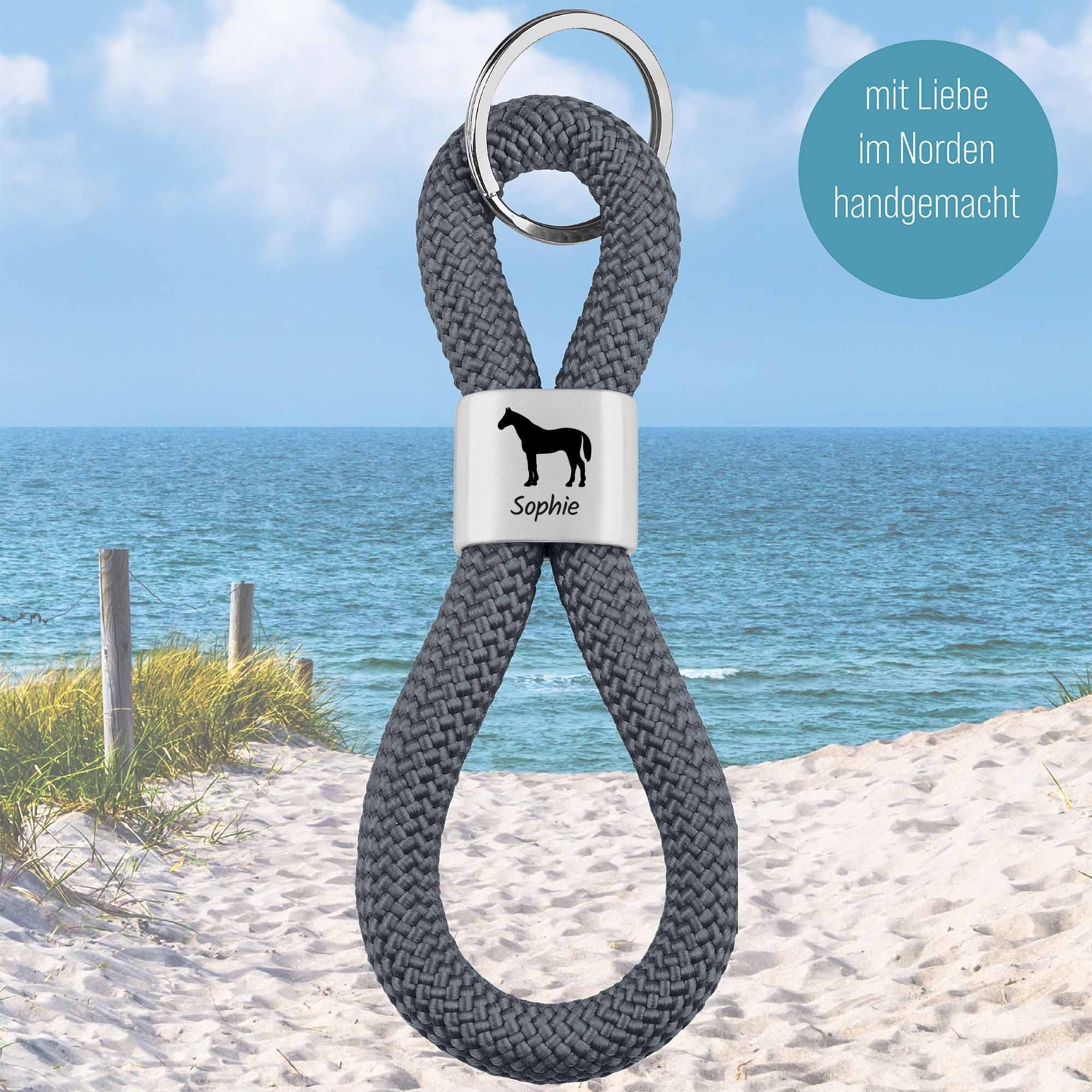 Personalisierter Schlüsselanhänger Segeltau | Gravur Pferd + Wunschtext | Geschenk Mädchen | Name | Pony | Reiten | Tiername