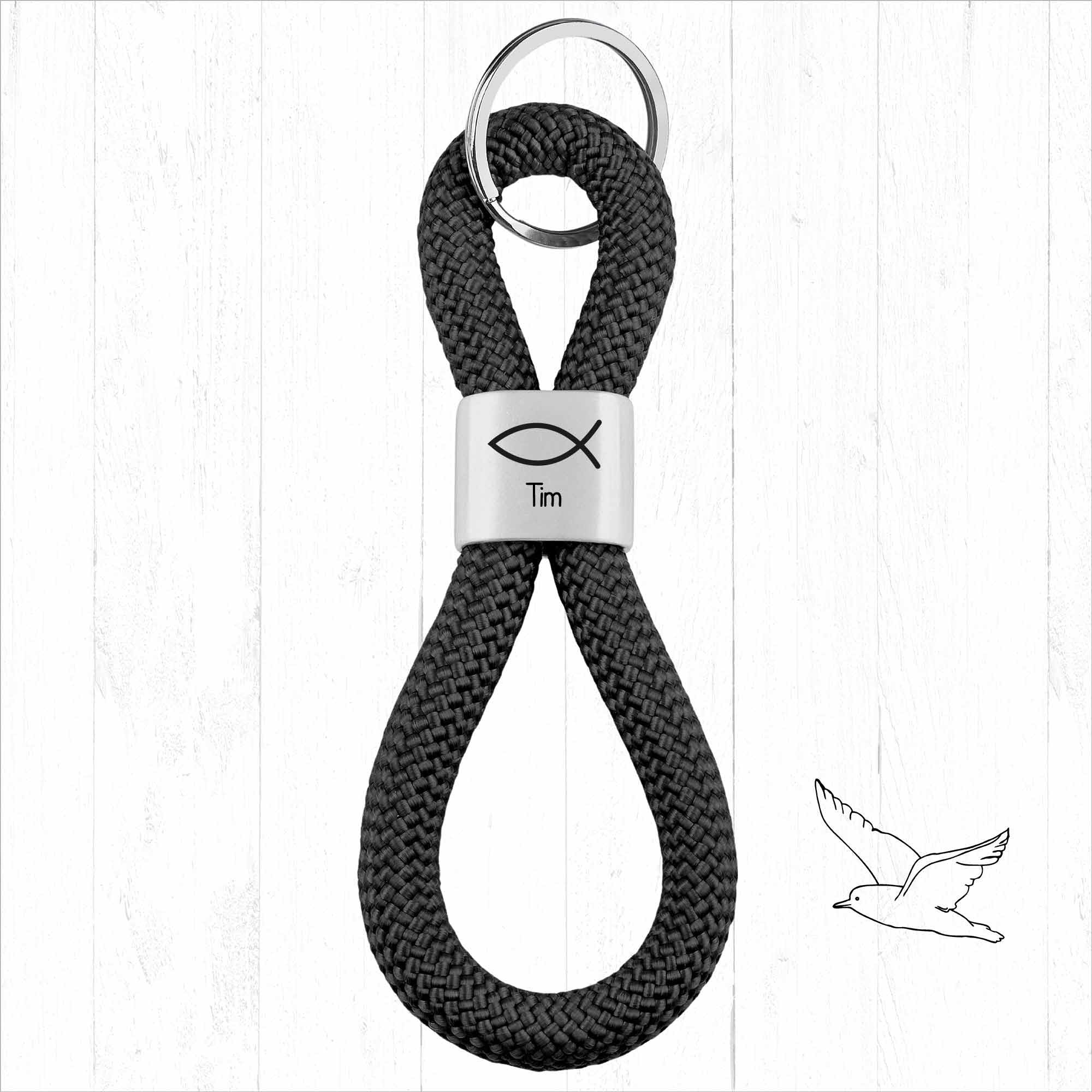 Personalisierter Schlüsselanhänger Segeltau | Gravur Fisch + Wunschtext | Geschenk Kommunion | Konfirmation | Taufe | Bibelvers | Name