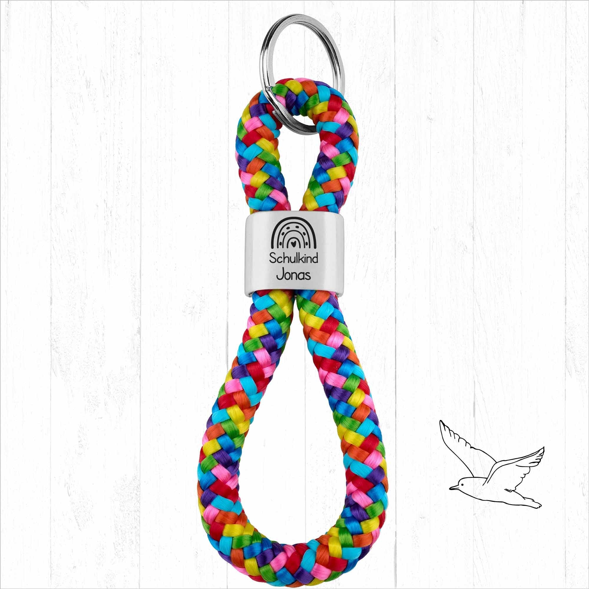 Personalisierter Schlüsselanhänger Segeltau | Gravur Regenbogen & Schulkind + Wunschtext | Geschenk Einschulung | Ranzenanhänger | Name