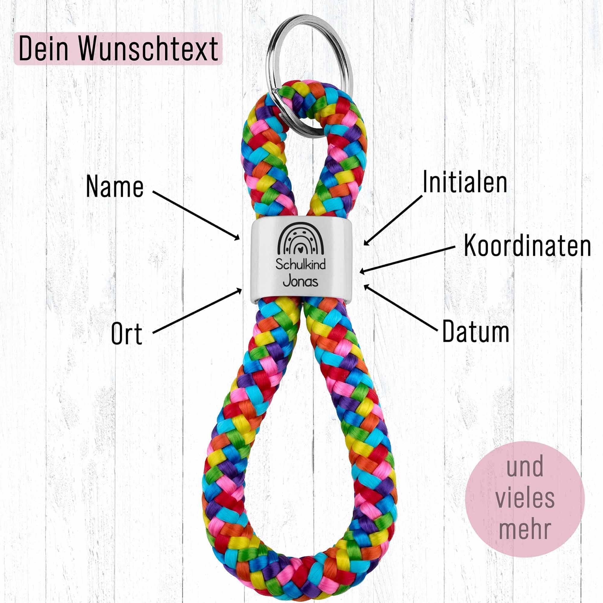 Personalisierter Schlüsselanhänger Segeltau | Gravur Regenbogen & Schulkind + Wunschtext | Geschenk Einschulung | Ranzenanhänger | Name